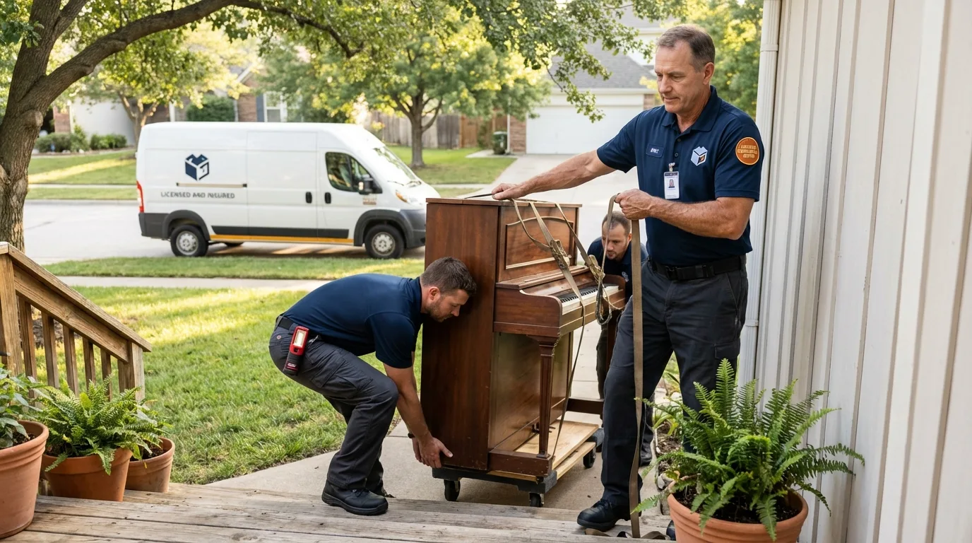 Licensed piano movers securing grand piano in Tuba City, AZ