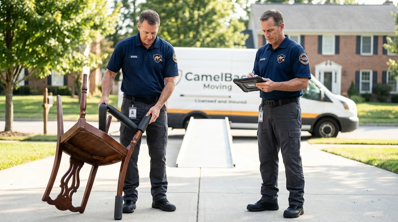 Movers inspecting furniture for damage prevention before loading in Tuba City, AZ