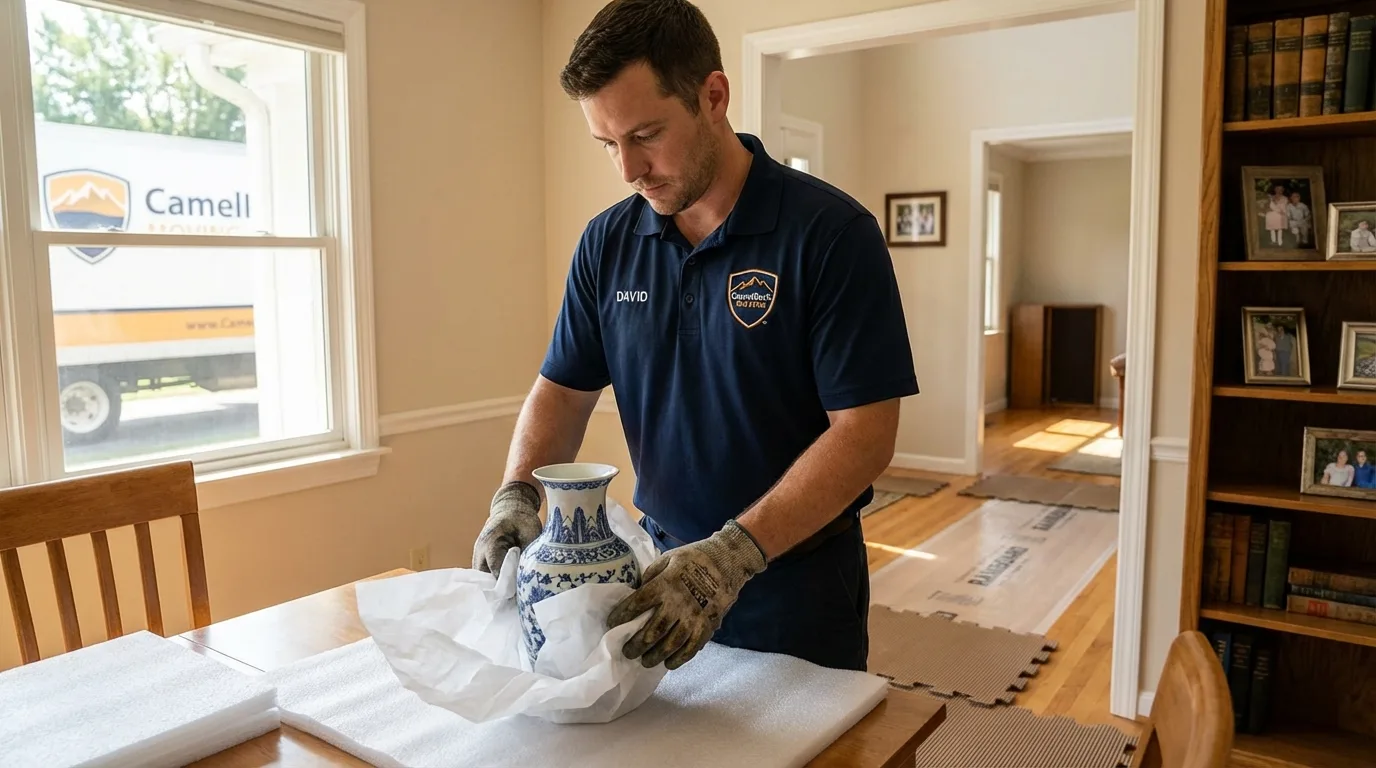 Professional crew carefully wrapping antique vase for senior downsizing move in Tuba City, AZ